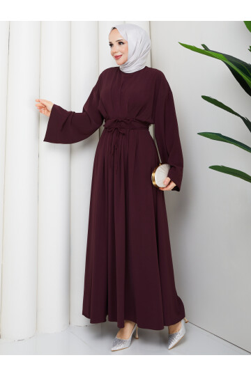 BEL BAĞCIK DETAY ELBİSE -BORDO