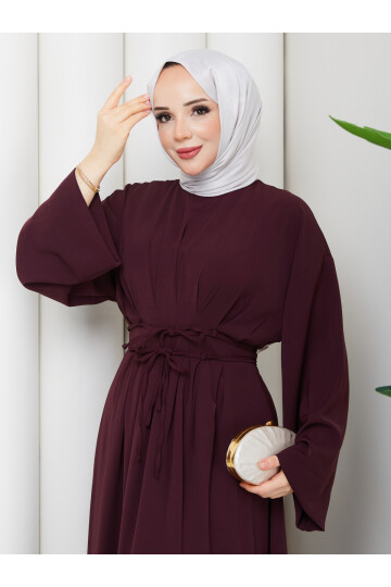 BEL BAĞCIK DETAY ELBİSE -BORDO