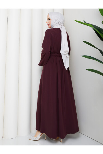 BEL BAĞCIK DETAY ELBİSE -BORDO