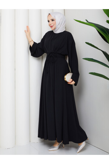 BEL BAĞCIK DETAY ELBİSE - SİYAH