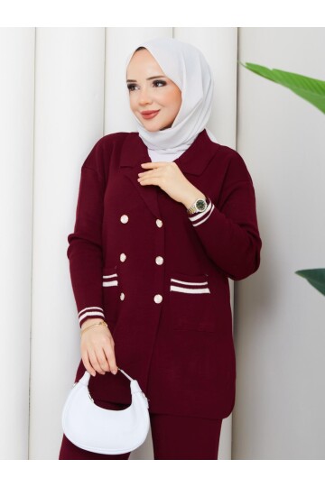 ÇELİK ÖRME DÜĞME DETAY TRİKO TAKIM -BORDO