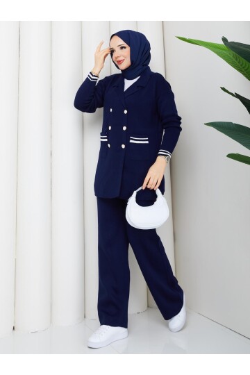 ÇELİK ÖRME DÜĞME DETAY TRİKO TAKIM -LACİVERT