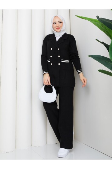 ÇELİK ÖRME DÜĞME DETAY TRİKO TAKIM -SİYAH