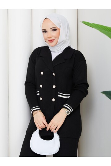 ÇELİK ÖRME DÜĞME DETAY TRİKO TAKIM -SİYAH