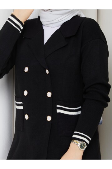 ÇELİK ÖRME DÜĞME DETAY TRİKO TAKIM -SİYAH