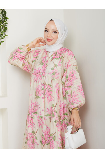 ÇİÇEK DESENLİ ELBİSE-PEMBE