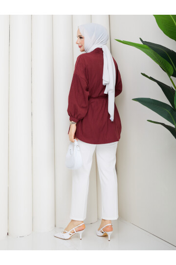 ÇİLEK BELDEN İPLİ GÖMLEK - BORDO