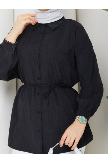 ÇİLEK BELDEN İPLİ GÖMLEK - SİYAH