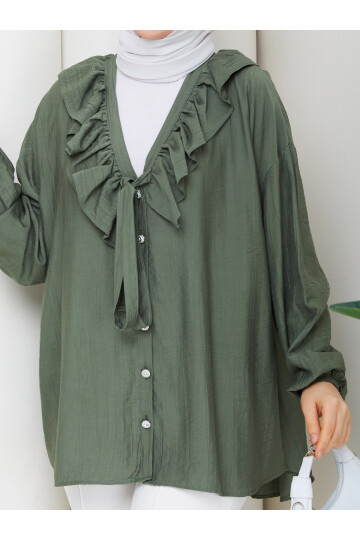 ÇİLEK FIRFIRLI DÜĞMELİ GÖMLEK KOMBİN - HAKİ