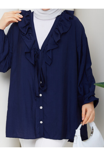 ÇİLEK FIRFIRLI DÜĞMELİ GÖMLEK KOMBİN - LACİVERT