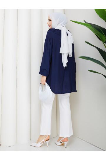 ÇİLEK FIRFIRLI DÜĞMELİ GÖMLEK KOMBİN - LACİVERT