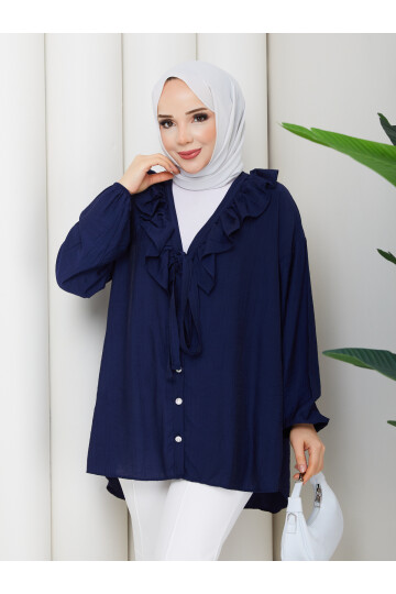 ÇİLEK FIRFIRLI DÜĞMELİ GÖMLEK KOMBİN - LACİVERT