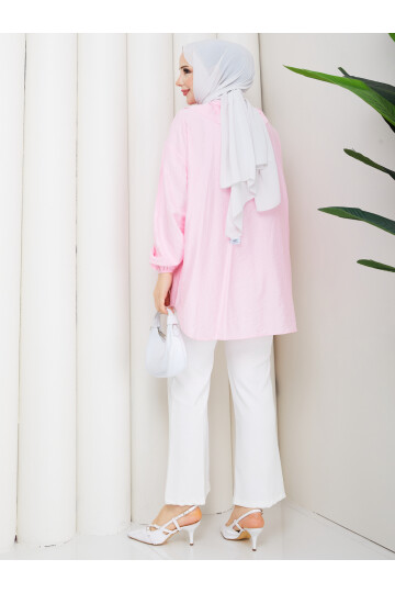 ÇİLEK FIRFIRLI DÜĞMELİ GÖMLEK KOMBİN - PEMBE