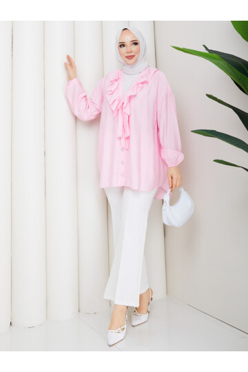ÇİLEK FIRFIRLI DÜĞMELİ GÖMLEK KOMBİN - PEMBE
