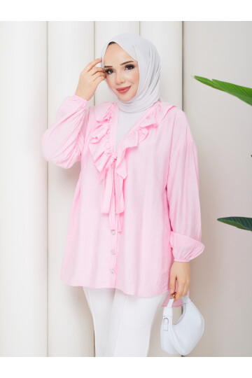 ÇİLEK FIRFIRLI DÜĞMELİ GÖMLEK KOMBİN - PEMBE