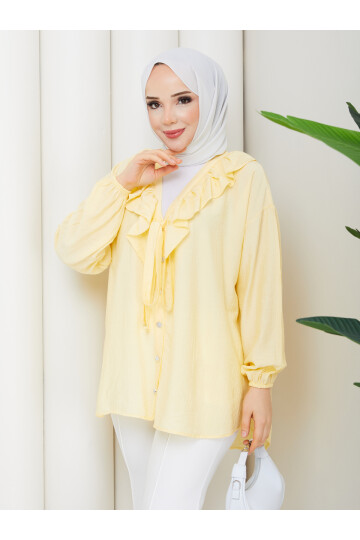 ÇİLEK FIRFIRLI DÜĞMELİ GÖMLEK KOMBİN - SARI