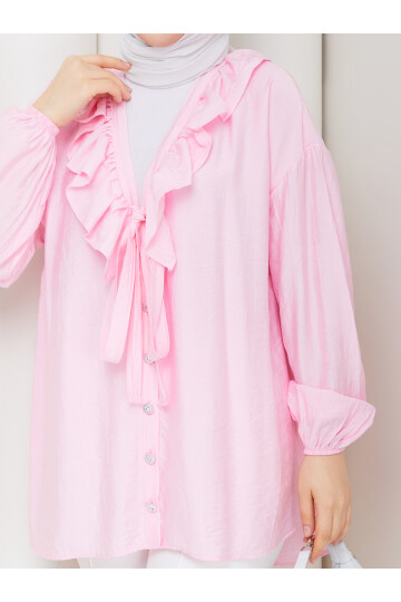 ÇİLEK FIRFIRLI DÜĞMELİ GÖMLEK - TOZ PEMBE