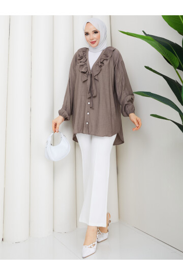 ÇİLEK FIRFIRLI DÜĞMELİ GÖMLEK - VİZON