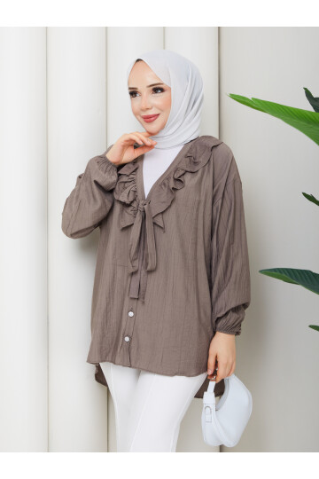 ÇİLEK FIRFIRLI DÜĞMELİ GÖMLEK - VİZON