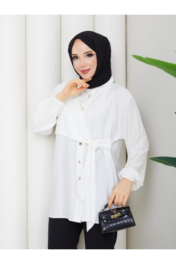 ÇİLEK YAN BAĞLAMALI GÖMLEK KOMBİN - BEYAZ