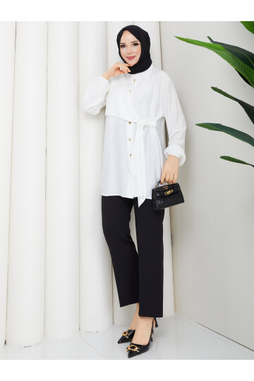 ÇİLEK YAN BAĞLAMALI GÖMLEK KOMBİN - BEYAZ