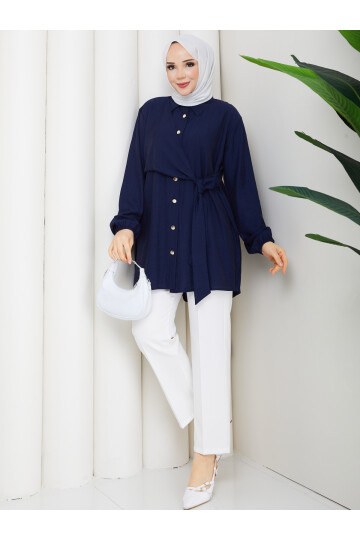 ÇİLEK YAN BAĞLAMALI GÖMLEK KOMBİN - LACİVERT