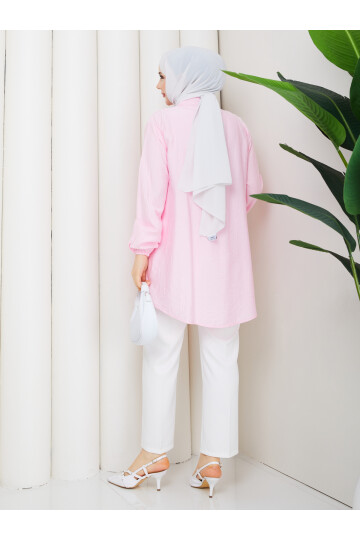 ÇİLEK YAN BAĞLAMALI GÖMLEK KOMBİN - TOZ PEMBE