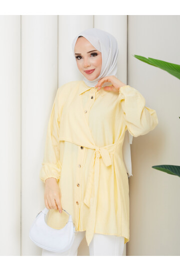 ÇİLEK YAN BAĞLAMALI GÖMLEK KOMBİN - SARI