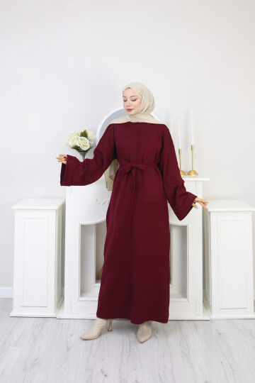 ÇIMALI UZUN KUŞAK DETAYLI ELBİSE-BORDO