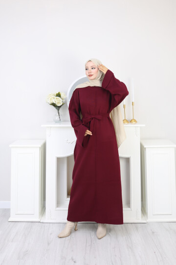 ÇIMALI UZUN KUŞAK DETAYLI ELBİSE-BORDO