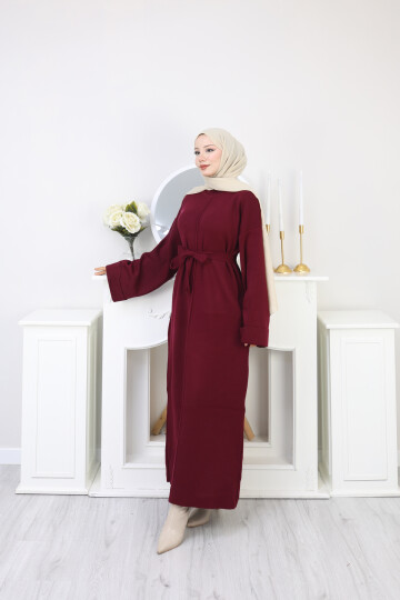 ÇIMALI UZUN KUŞAK DETAYLI ELBİSE-BORDO
