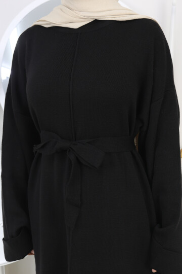 ÇIMALI UZUN KUŞAK DETAYLI ELBİSE-SİYAH