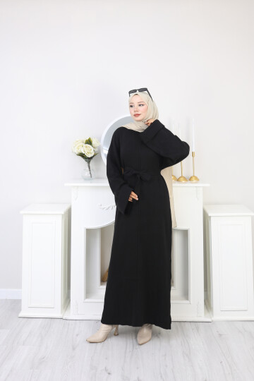 ÇIMALI UZUN KUŞAK DETAYLI ELBİSE-SİYAH