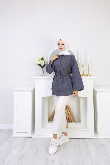 ÇİZGİLİ SÜET GÖMLEK - ANTRASİT