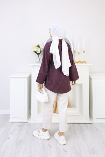 ÇİZGİLİ SÜET GÖMLEK - BORDO