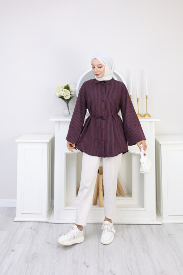 ÇİZGİLİ SÜET GÖMLEK - BORDO