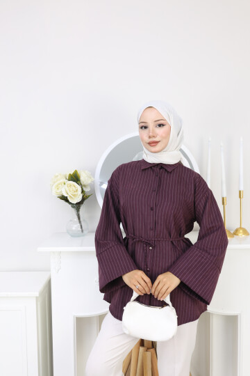 ÇİZGİLİ SÜET GÖMLEK - BORDO