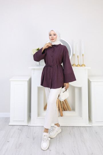 ÇİZGİLİ SÜET GÖMLEK - BORDO