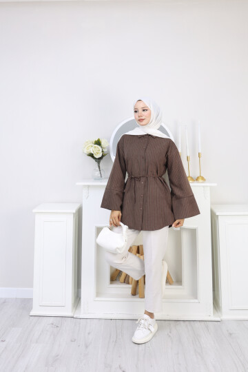 ÇİZGİLİ SÜET GÖMLEK - KAHVERENGİ