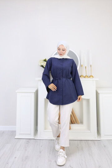 ÇİZGİLİ SÜET GÖMLEK - LACİVERT