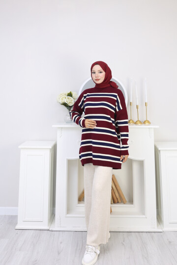 ÇİZGİLİ TRİKO KAZAK -KIRMIZI