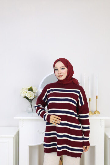 ÇİZGİLİ TRİKO KAZAK -KIRMIZI