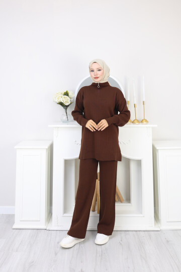 FERMUAR DETAY TRİKO TAKIM - ACI KAHVE