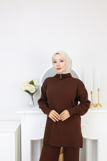 FERMUAR DETAY TRİKO TAKIM - ACI KAHVE