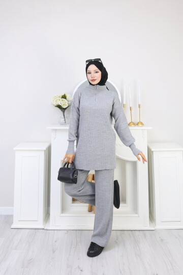 FERMUAR DETAY TRİKO TAKIM - GRİ