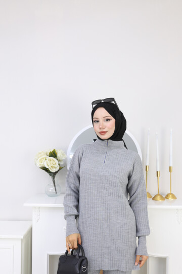 FERMUAR DETAY TRİKO TAKIM - GRİ