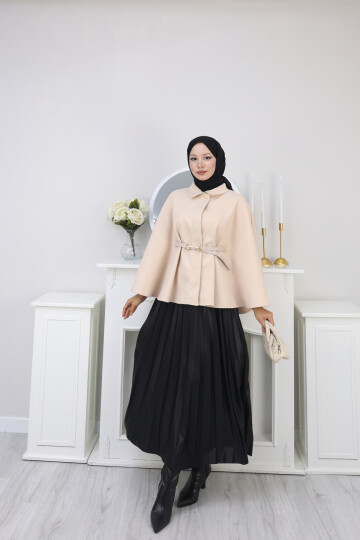 KISA  KEMERLİ PANÇO -KREM