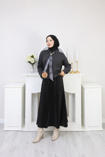 KRAVAT DETAY KAZAK ETEK KOMBİN -FÜME