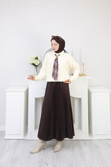 KRAVAT DETAY KAZAK ETEK KOMBİN -KREM