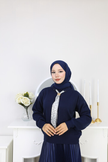 KRAVAT DETAY KAZAK ETEK KOMBİN -LACİVERT